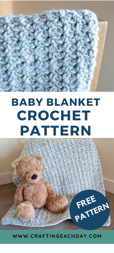 Grab some super bulky yarn and create a quick and easy baby gift. This warm and snuggly blanket softens with every washing. Try using Bernat Softee Chunky or another super bulky yarn. This easy baby blanket crochet pattern is perfect for beginners. You can whip one of these up in a weekend using this free pattern. #crochet #crochetpattern #freecrochetpattern #crochetbabyblanket #craftingeachday Chunky Baby Blanket Crochet Pattern, Chunky Crochet Baby Blanket, Bulky Yarn Crochet, Chunky Crochet Blanket Pattern, Bernat Baby Blanket Yarn, Free Baby Blanket Patterns, Crochet Baby Blanket Pattern, Crochet Baby Blanket Free Pattern, Easy Baby Blanket