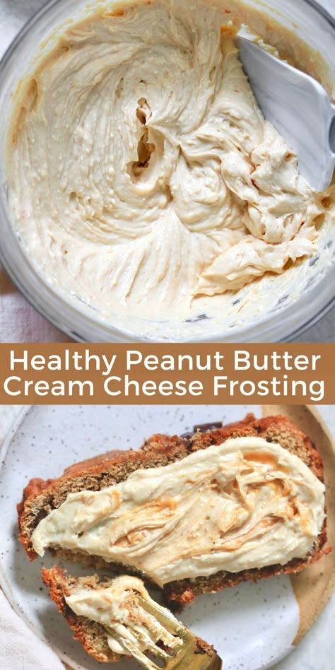 Lusciously light and fluffy Healthy Peanut Butter Cream Cheese Frosting made with Greek yogurt and sweetened with maple syrup. Super easy to make in 10 minutes, and no powdered sugar or butter needed. Enjoy on banana bread, chocolate cake, brownies, and beyond! Healthy Peanut Butter Icing, Healthy Peanut Butter Frosting, Chocolate Cake Brownies, Peanut Butter Cream Cheese Frosting, Healthy Cream Cheese Frosting, Pb2 Recipes, Healthier Dessert Options, Vegan Greek Yogurt, Peanut Butter Frosting Recipe