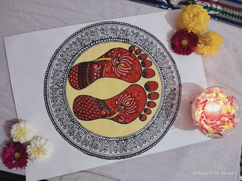 Mandala art for special occasion (Diwali) Mahalaxmi comes in everyone's home and give blessings in Diwali Diwali Easy Painting, Mandala Art Diwali Special, Diwali Mandala Art Ideas, Mahalaxmi Painting, Mandala Art For Diwali, Diwali Sketch Drawing, Diwali Drawing Painting Ideas, Diwali Special Drawing, Diwali Mandala Art