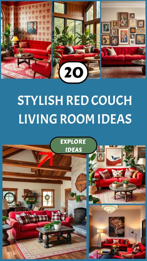 Collage of stylish living rooms featuring red couches and various decor ideas. Living Rooms With Red Rugs, Living Room Ideas With Red Couch, Red Leather Couches Living Room Decor, Red And Gold Living Room Ideas, Boho Living Room Red Couch, Red Leather Sofa Living Room Ideas, Red Furniture Living Room Ideas, Red Sofa Living Room Color Schemes, Couchless Living Room