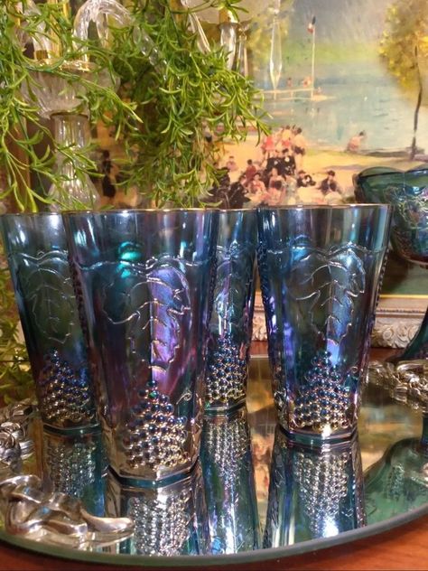 Colony Harvest Carnival Blue Tumbler Glasses Set of (4) | Vintage Blue Iridescent Carnival Cooler Glasses Carnival Glasses, Shop Carnival King Glass, Blue Glassware Antique, Fenton Carnival Glassware, Blue Carnival Glass, Carnival Glassware Electric Blue, Cool Glasses, Carnival Glass, Grape Leaves