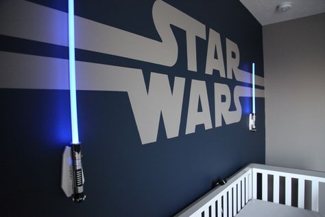 Star Wars themed nursery (feature wall close up) Star Wars Inspired Bedroom, Nursery Feature Wall, Star Wars Living Room, Star Wars Themed Nursery, Star Wars Baby Room, Star Wars Mural, Star Wars Kids Room, Star Wars Boys Room