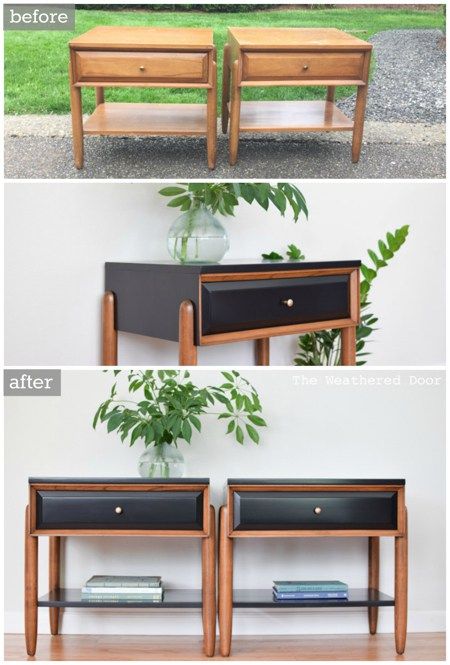 Before & After Satin Black and Walnut Mid Century Modern LA Period Nightstands Rehab Furniture, Mid Century Nightstand, Diy Furniture Renovation, Furniture Rehab, Furniture Renovation, Funky Furniture, Refurbished Furniture, Furniture Restoration, Furniture Makeover Diy