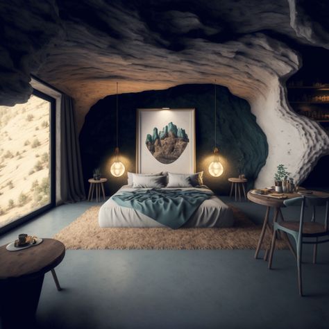 Bedroom built in cave with a bed, hanging lights, table & chair, and view of mountains Cave Bedroom Ideas, Bedroom Cave, Cave Inspired Bedroom, Cave Living Room, Intimate Living Room, Cave Inspired Interior, Cave Room Ideas, Cave House Aesthetic, Cave Bedroom Aesthetic