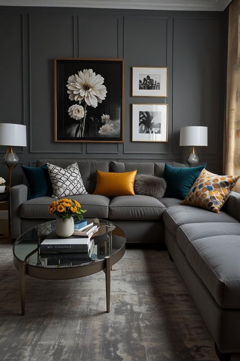 Grey Purple Gold Living Room, Den Decorating Ideas Cozy Comfy, Living Room With Dark Grey Sofa, Living Room With Pop Of Color, Grey Sofa Ideas, Colorful Living Room Decor Ideas, Vibrant Living Room Ideas, White And Grey Living Room, Cosy Grey Living Room