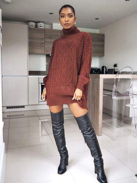 Dresses Turtle Neck, Dress With Knee High Boots, Distressed Sweater Dress, Rust Sweater, Longline Sweater, Cable Knit Sweater Womens, Distressed Sweater, Distressed Sweaters, Shein Dress