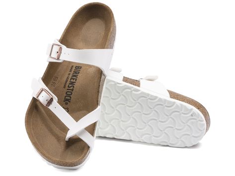 Birkenstock: Mayar White with Copper HFB Wedding Birkenstocks, White Birkenstock, Hot Sandals, White Birkenstocks, Birkenstock Styles, Birkenstock Style, Modern Sandals, Comfy Sandals, Birkenstock Women