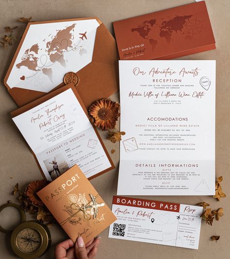 Burnt Orange Gold Wedding, Orange Gold Wedding, Exclusive Wedding Invitations, Travel Wedding Invitations, Map Wedding, Stylish Wedding Invitation, Wedding Invitations Uk, Unique Destination Wedding, Passport Wedding Invitations