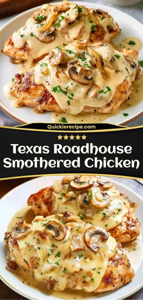 This Smothered Chicken is tender, juicy, and topped with sautéed mushrooms, onions, and melty cheese. It’s a hearty and flavorful dish inspired by a Texas Roadhouse favorite. Ingredients: 4 boneless, skinless chicken breasts 1 cup mushrooms, sliced 1 cup onions, sautéed 1 cup shredded Monterey Jack or cheddar cheese A savory, restaurant-style meal you can make at home Smothered Chicken With Mushrooms, Texas Roadhouse Smothered Chicken, Smothered Chicken Recipe, Copycat Texas Roadhouse, Smothered Chicken Recipes, Chicken With Mushrooms, Chicken Boneless Breast Recipes, Cheese At Home, Sautéed Onions