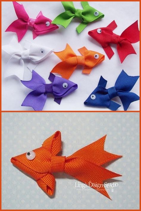 DIY Ribbon Fish. Inspiration: I spotted this photo (top) and used google image search to find out it was from Etsy here. Apparently the hair clip was only $2.50, so why make it? But alas, as in so many Etsy cases, it’s no longer for sale. But I loved... Things To Do With Ribbon, Ribbon Fish, Fish Inspiration, Fish Hair, Packaging Presentation, Cute Note, Ribbon Sculpture, Fish Ornaments, Google Image Search