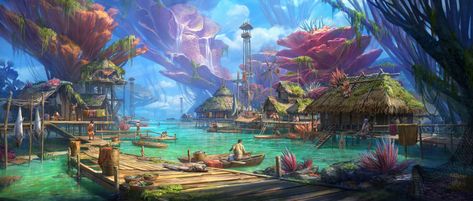 Village Concept Art, River Village, Fantasy Village, Beach Village, Beach Room, Art Beach, 판타지 아트, Fishing Villages, Fantasy Landscape