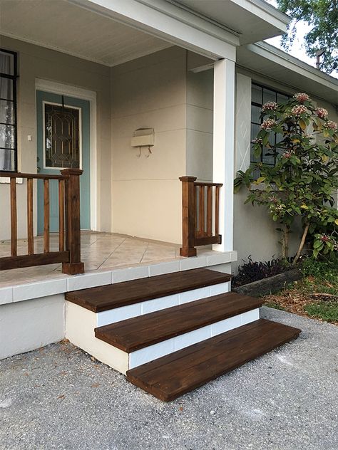 Simple DIY Wood Porch Steps Makeover | Jenna Sue Design Blog Wooden Steps On Concrete Patio, Small Front Porch Steps, Wooden Porch Steps, Wooden Steps Over Concrete, Porch Steps Makeover, Wood Over Concrete Steps, Concrete Patio Wood Steps, Wood Over Concrete Porch Front Steps, Wood Steps Over Cement Steps