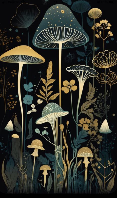 Whimsical Gothic Wallpaper, Boho Mushroom Wallpaper, Mushroom Fungi Art, Art Deco Phone Wallpaper, Whimsical Nature Art, Whimsical Digital Art, Whimsical Mushroom Art, Mushroom Painting Aesthetic, Witchy Art Aesthetic