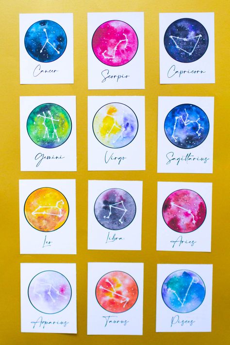 FREE PRINTABLE ASTROLOGY THEMED STAR SIGN ZODIAC TABLE NAMES | Bespoke-Bride: Wedding Blog Free Zodiac Printables, Zodiac Sign Crafts, Free Celestial Printables, Zodiac Stickers Printable, Astrology Stickers Printable, Zodiac Worksheet, Astrology Activities, Free Printable Oracle Cards Decks, Astrology Bujo