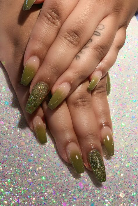 Olive Green Nails With Rhinestones, Olive Green Birthday Nails, Olive Ombre Nails, Olive Green And Gold Nails Designs, Olive Green Ombre Nails, Peridot French Tip Nails, Ombre Green Nails, Nude And Green Nails, Olive Green Ombre Nails Art Designs