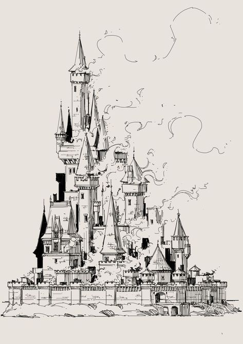 Sketch Castle, Castle Sketch, Harry Potter Art Drawings, Castle Drawing, Building Sketch, Daily Sketch, City Drawing, In Flames, Architecture Drawing Art