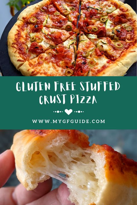 Gluten Free Stuffed Crust Pizza - My Gluten Free Guide Gluten Free Pizza Crust Recipe, Gluten Free Pizza Recipes, Stuffed Crust Pizza, Gluten Free Doughnuts, Gluten Free Pizza Dough, Stuffed Crust, Gluten Free Guide, Gluten Free Pizza Crust, Sugar Free Cake