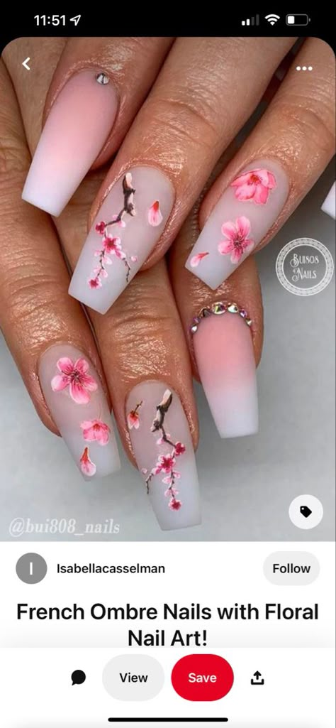 Nail Ideas Cherry Blossom, Spring Nail Art Cherry Blossom, Japanese Cherry Blossom Nail Designs, Cherry Blossom Almond Nails, Acrylic Nails Cherry Blossom, Cherry Blossom Nails Acrylic, Japan Nails Design Tokyo, Sakura Nails Design, Japanese Cherry Blossom Nails