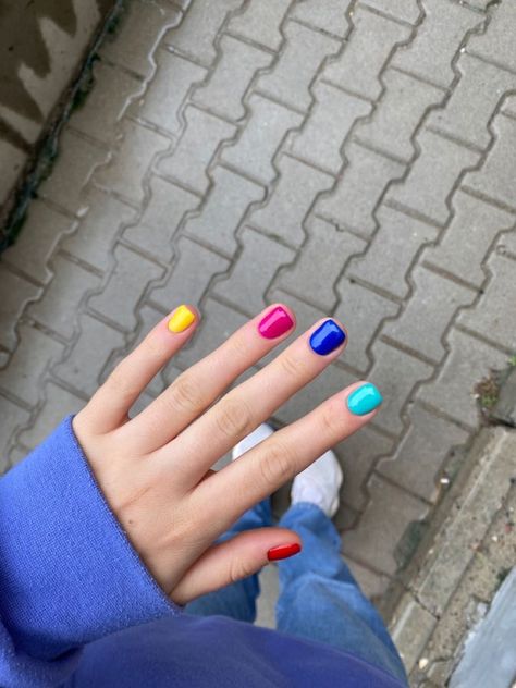 Different Color Nails Ideas, Medium Length Summer Nails, Different Coloured Nails, Mixed Color Nails, Multi Colored Nails, Multicolor Nails, Different Color Nails, Multicolored Nails, Nails Art Designs