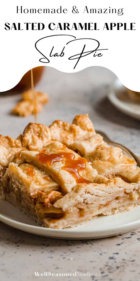 Homemade salted caramel apple slab pie is such a fun way to feed a large group. Perfect all fall, but especially on Thanksgiving! Serve with vanilla ice cream or homemade cinnamon whipped cream. Each bite is better than the last! #thanksgiving #slabpie #caramelapplepie #wellseasonedstudio #delicious @wellseasonedstudio | wellseasonedstudio.com Caramel Apple Recipes, Caramel Apple Recipe Easy, Caramel Apple Pie Recipes, Dutch Apple Pie Recipe, Apple Slab Pie, Salted Caramel Apple Pie, Caramel Apples Recipe, Caramel Apples Easy, Dutch Apple Pie