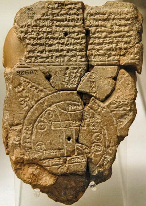 Babylonian clay tablet, the oldest world map (6th century BC), from Sippar in southern Iraq. Known by scholars as the "Mappa Mundi" it is the only known world map dating from the Neo-Babylonian period. It shows the world as round and surrounded by a circular sea, and placing Babylon at the center. Mesopotamia British museum - المتحف البريطاني Early World Maps, Ancient Babylon, Ancient Writing, Cradle Of Civilization, Earth Map, Ancient Near East, Ancient Mesopotamia, Ancient Stone, Bible History