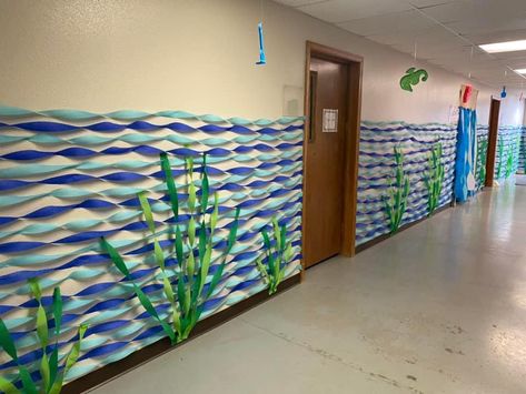 Zoology Classroom Decorations, Diy Ocean Themed Party Decor, Under The Sea Streamer Decorations, Under The Sea Entryway, Aquatic Classroom Theme, Deep Sea Classroom Theme, Beach Themed Hallway Decor School, Beach Decorations For Classroom, Under The Sea Office Decorations