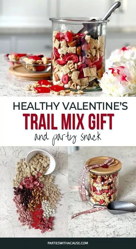 Looking for a great gift idea for Valentine's Day? Try this deliciously festive trail mix for a healthy gift that's as easy to eat as it is to make. This is a two thumbs up kid recipe recipe in my house. But it's just as big a hit with adults as well. Snag the recipe at PartiesWithACause.com #healthyvalentines #healthytrailmix #valentinessnack Preceptor Gifts, Valentines Healthy Snacks, Valentine Snack, Trail Mix Ingredients, Yogurt Covered Raisins, Healthy Trail Mix, Valentines Snacks, Healthy Valentines, Trail Mix Recipes