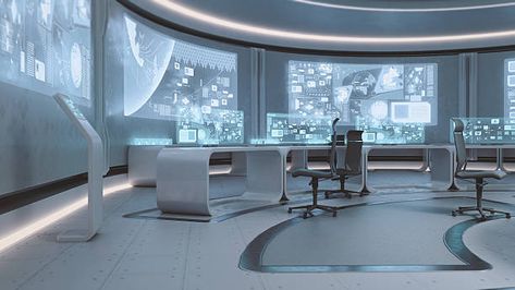 Modern Futuristic Interior, Futuristic Laboratory, Office Space Interior Design, Futuristic Lab, Office Space Interior, Futuristic Interiors, Futuristic Office, Sci Fi Aesthetic, Space Interior Design