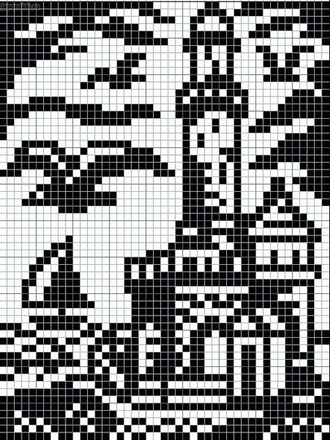 Black and white lighthouse scene pattern / chart for cross stitch, knitting, knotting, beading, weaving, pixel art, and other crafting projects. Pixel Pattern Black And White, Lighthouse Pixel Art, Pixel Art Pattern Black And White, Black And White Pixel Art Grid, Pixel Black And White, Cross Stitch Black And White, Black Pixel Art, Pixel Art Black And White, Black And White Pixel Art