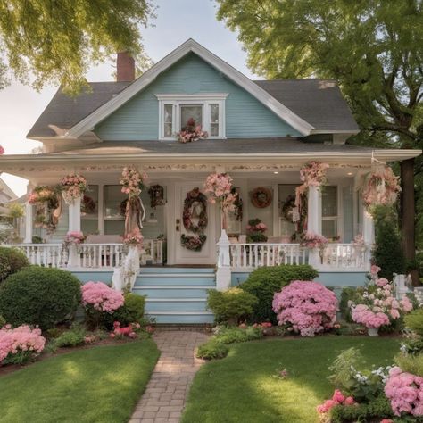 Romantic House Design, Character House Flower Vibe, Coquette Home Exterior, Girly Cottagecore House, Girly House Exterior, Outside Of House Ideas, Character Flower House Vibe, Spring House Exterior, Pink Cottage House