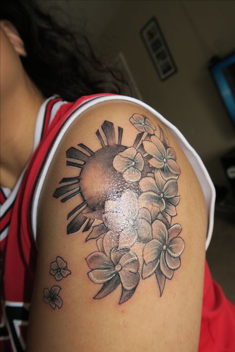 Filipino Sun Tattoo Women, Philippines Tattoo Woman, Greenery Tattoos, Add On Tattoo Ideas, Filipino Flag Tattoo, Filipino Flower Tattoo, Philippines Tattoo Ideas, Filipino Tattoo Ideas, Filipino Sun Tattoo