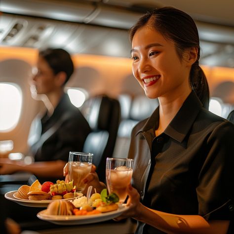 Attentive Cabin Crew: A smiling #aviation professional provides exceptional service, offering a tray of #fine dining and beverages on board. #flight attendant #inflight service #luxury #skyhigh #gourmet #aiart #aiphoto #stockcake ⬇️ Download and 📝 Prompt 👉 https://stockcake.com/i/attentive-cabin-crew_477717_336037 Serving Aesthetic, Food And Beverage Service, Flight Attendant Uniform, Prepared Food, Luxury Cabin, Italian Pizza, Food And Beverage, Cabin Crew, Elegant Dining