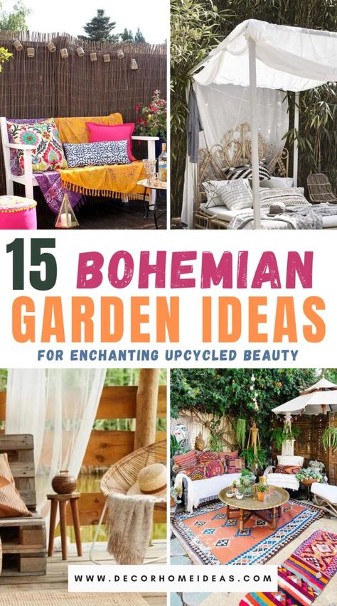 Get creative with your garden and check out these 15 upcycled bohemian garden ideas for a unique and beautiful outdoor space! Boho Yard Decor, Bohemian Garden Ideas, Boho Maximalist Decor, Boho Craft Ideas, Bohemian Outdoor Spaces, Gardens For Beginners, Boho Garden Ideas, Flower Garden Wedding, Outdoor Furniture Ideas Backyards