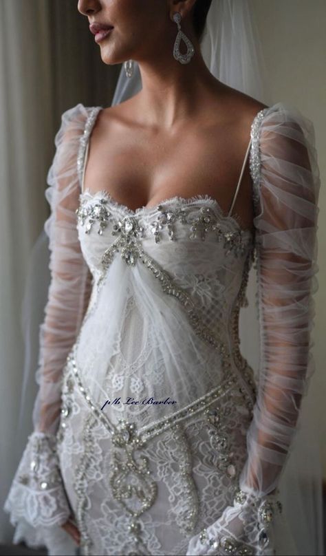 Leather And Lace Wedding Dress, Castle Wedding Dresses, Madonna Wedding Dress, Dreamy Fashion Aesthetic, Sheer Bodice Wedding Dress, Vintage Designer Wedding Dresses, Swan Lake Wedding Dress, Funky Formal Wedding, Over The Top Wedding Dress