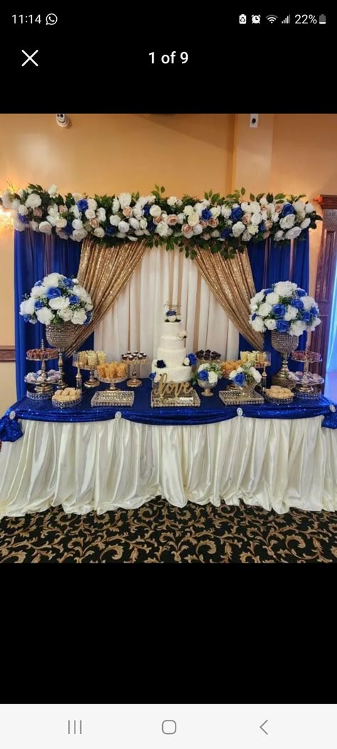 Royal Blue Main Table Quince, Royal Blue Candy Table, Quincenera Tables Set Up, Quince Blue Decorations, Dark Blue Quince Decorations, Royal Blue Quince Table Decor, Royal Blue And Gold Quinceanera Main Table, Sweet 15 Party Ideas Quinceanera Royal Blue, Royal Blue Quinceanera Decorations Ideas