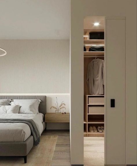 Bed Around Wardrobe, Small Bedroom Ideas With Walk In Closet, Small Bedroom Walk In Closet, Small Room With Closet, Wardrobe Slider Door Design, Rectangle Bedroom Layout Ideas, Bedroom With Closet, Wardrobe Behind Bed, Bedroom Measurements