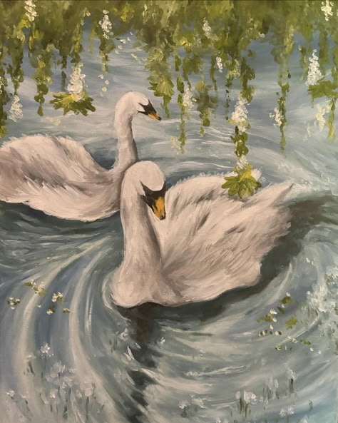 🦢🦢🦢 . . . . #newoilpainting #oilpainting #oilpaint #swan #swanlake #swanpainting #landscapeart #art #artist #newartist #paintings #painting Swan In Lake Painting, Drawing Painting Ideas Beautiful, 2 Swans Painting, Two Swans Painting, Master Piece Art Paintings, Old Style Paintings, Swan Art Painting, Aesthetic Paintings Simple, Self Painting Ideas