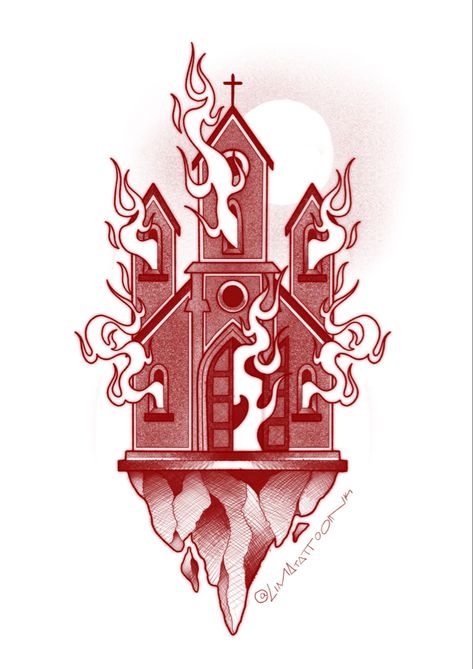 American Traditional Castle Tattoo, Burning Cathedral Tattoo, Church Tattoo Design, Torch Tattoo Neotraditional, Neo Traditional Torch, Japan Traditional Tattoo, Burning Church Traditional Tattoo, Burning Church Tattoo Design, Burning Church Drawing