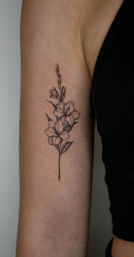 Daffodil Tattoo Wrist, Lily Bouquet Tattoo, Gladiolus And Poppy Tattoo, Linework Flower Tattoo, Hip Flower Tattoo, Gladioli Tattoo, Columbine Flower Tattoo, Gratitude Tattoo, Gladiolus Flower Tattoos