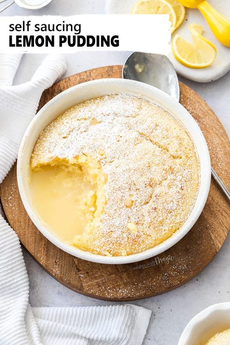 Easy to make and ready in less than an hour, this Self Saucing Lemon Pudding is light and fluffy lemon sponge, with a surprise, thick lemon sauce. With a bright, tangy flavour from real lemons, this pudding recipe is for every lemon lover. #sugarsaltmagic #lemonpudding #lemondessert #lemonsurprise #lemon Lemon Pudding Dessert, Lemon Pudding Recipes, Pudding Recept, Self Saucing Pudding, Lemon Pudding Cake, Lemon Cakes, Lemon Sponge, Easy Puddings, Chocolate Pudding Recipes