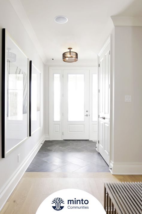 Front Entryway Tile Floor, Entrance Foyer Flooring Pattern, Entryway Floor Design, Small Entrance Hall Flooring Ideas, Light Grey Entryway, Tile To Hardwood Transition Entryway, Foyer Floor Ideas, Small House Foyer, Front Hall Tile