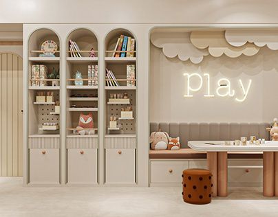 Tv Area For Kids, Playroom With Play Kitchen, Kids Salon Ideas Interior Design, Tv Kids Room, Living Room With Play Area, Kids Salon, Baby Playroom, Kids Living Rooms, Kids Playroom Decor