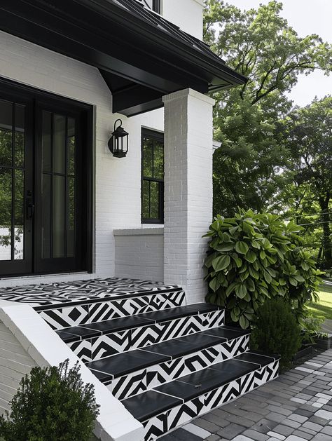 Porch Tile Ideas: Geometric Patterned Tiles Black And White Tile Front Porch, Tile Porch Ideas, Tile Stairs Outdoor Front Steps, Tiled Outdoor Steps, Outdoor Step Tiles, Black And White Porch Ideas, Porch Tiles Outdoor, Front Porch Tile Ideas, Porch Tile Ideas