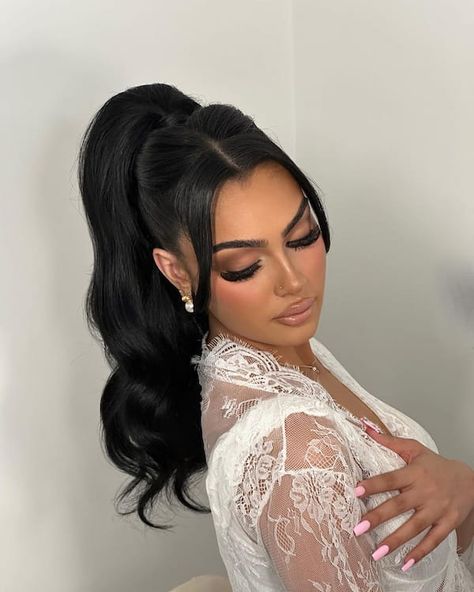 50 Adorable Medium Length Ponytail Hairstyles To Try Ponytail For Medium Length Hair Wedding, Braid Hair Medium Length, Prom Hairstyles Slick Back Ponytail, Bridemaids Hairstyles Ponytails, Classic Ponytail Hairstyles, Hairstyles With A Ponytail, Braid Hairstyles Long Hair, Medium Length Ponytail Hairstyles, Big Ponytail Hairstyles