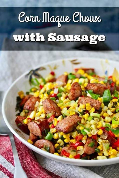 Corn Maque Choux with Hot Smoked Sausage #maquechoux #cornrecipes Corn And Sausage Recipes, Corn And Sausage, Corn Sausage And Potatoes, Smoked Sausage And Corn Recipes, Corn Macque Choux Recipe, Smoked Sausage Corn And Potatoes, Corn Maque Choux Recipe, Cajun Corn Maque Choux New Orleans, Maque Choux Recipe