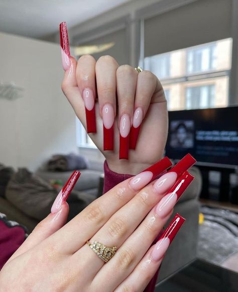 Red French Tip, Daily Nails, Hippie Nails, Red French, Long Acrylic Nail Designs, Diy Acrylic Nails, Edgy Nails, White Acrylic Nails, Glow Nails