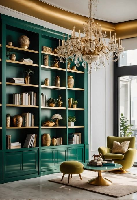 27 Stunning Green and Gold Living Room Combinations Emerald Green Bookcase, Emerald Green Library, Gold Living Rooms, Green And Gold Living Room, Dads Office, Green Library, Gold Living, Gold Living Room, Office Inspo