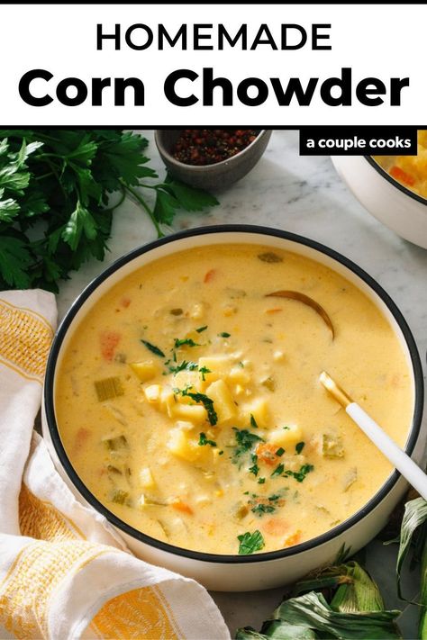 This corn chowder recipe is savory, salty, sweet, and creamy. It’s the perfect cozy bowl to highlight this tasty seasonal vegetable! Pop over to our site for the recipe! Corn Chowder Soup, Vegan Recipes Plant Based, Corn Chowder Recipe, Chowder Soup, Chowder Recipe, Tilapia Recipes, Couple Cooking, Corn Soup, Chowder Recipes