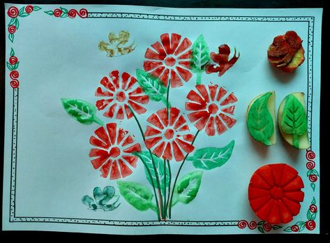 Vegetable stamping art for kids for visual learning Vegetable Stamping Art, Vegetable Block Print, Vegetable Printing Art For Kids, Vegetable Printing Designs, Potato Stamp Art, Vegetable Stamping, Vegetables Painting, Vegetable Printing, Potato Printing