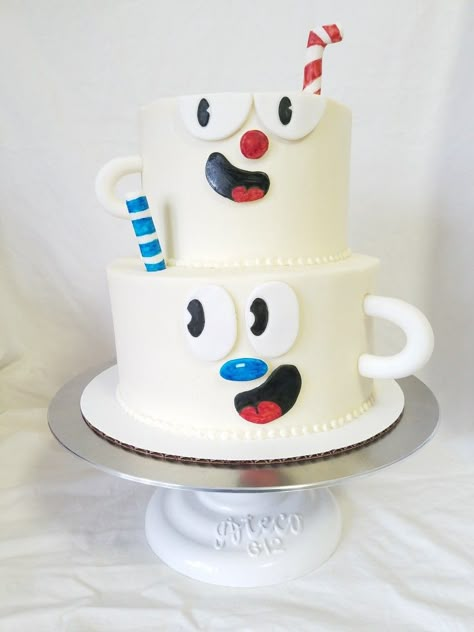 A perfect cuphead and mugman themed birthday cake. Cup Head Birthday Cake, Cup Head Birthday Party Ideas, Cuphead Party Ideas, Cuphead Cake Ideas, Cup Head Cake, Cuphead Birthday Party Ideas, Cuphead Cake, Cuphead Birthday Party, Cuphead Birthday